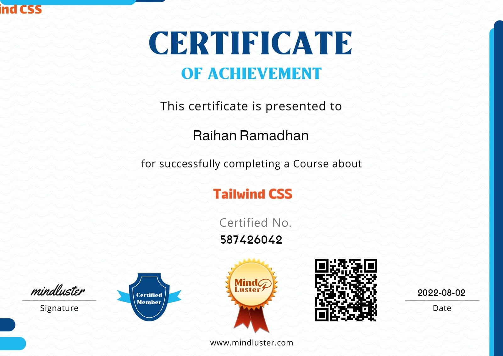 Mindluster Tailwind CSS Certificate