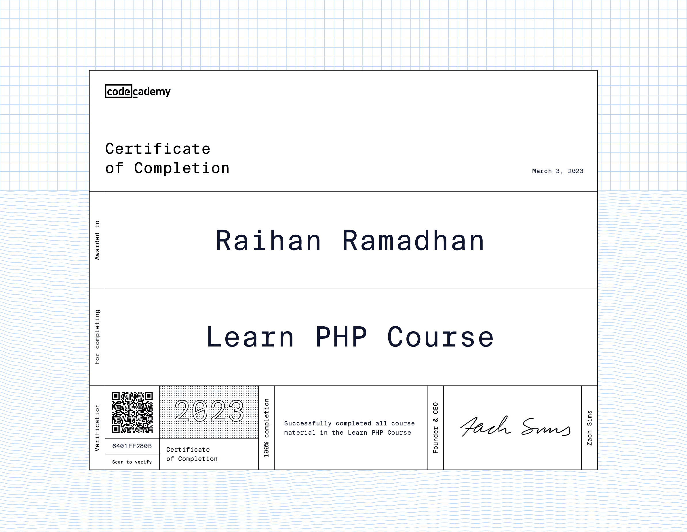 Codecademy PHP Certificate